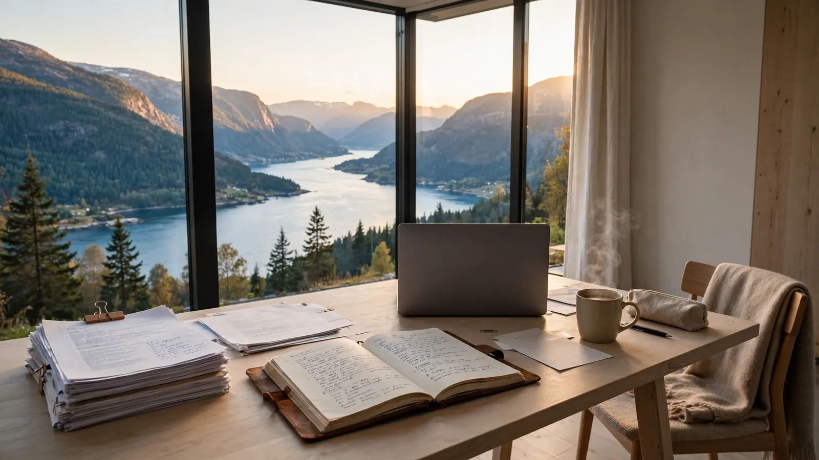 Redaksjonelt arbeidsbord i et norsk hjemmekontor med utsikt over en fjord