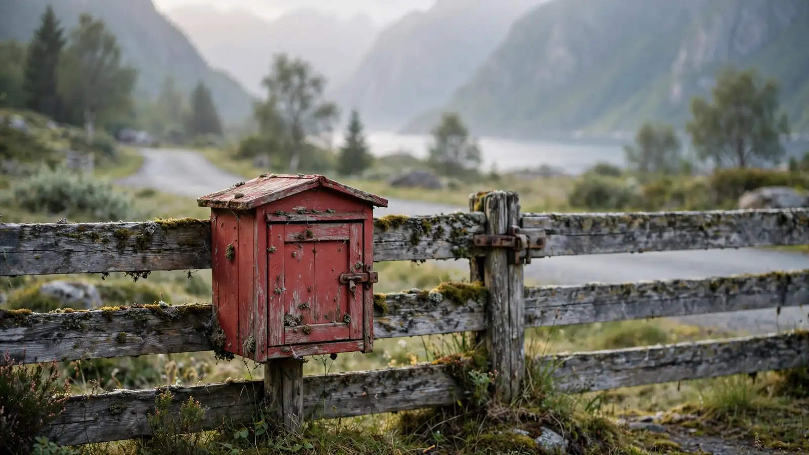 Rød trepostkasse på gjerde ved norsk kystvei med fjord i bakgrunnen