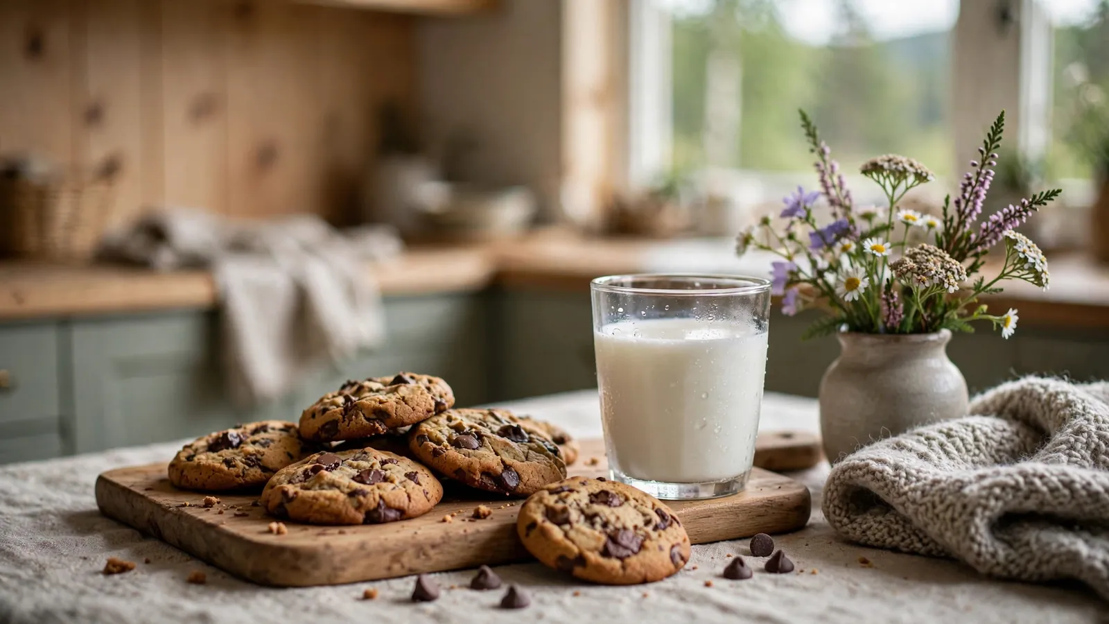 Nystekte sjokoladechipskjeks på et trebrett med et glass melk i et koselig norsk kjøkken.