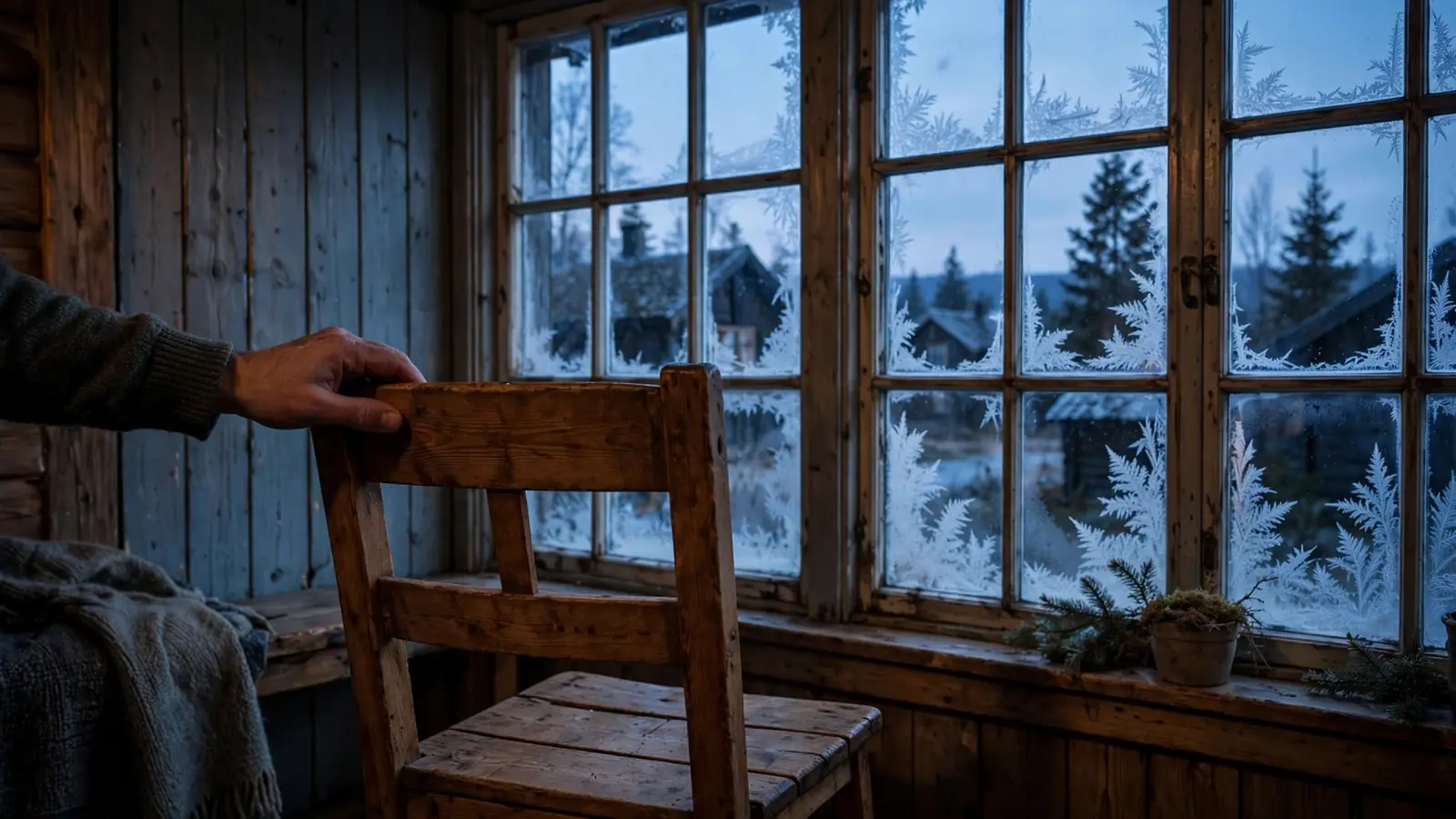 En stol foran et frostete vindu i Norge