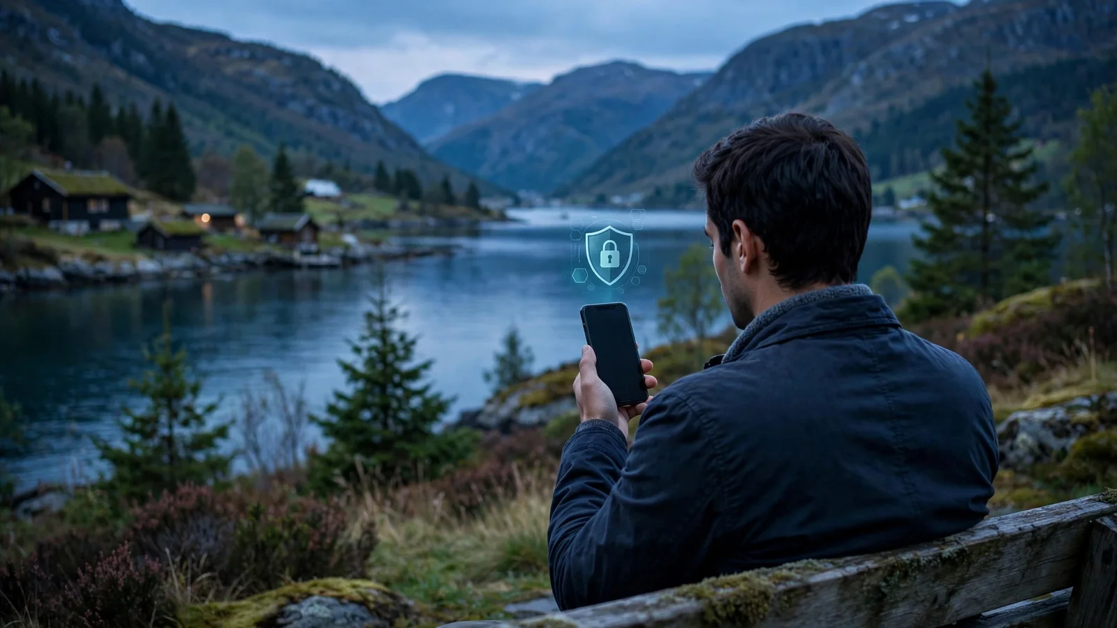 Person ved norsk fjord holder telefon med usynlig skjerm, symbol på personvern