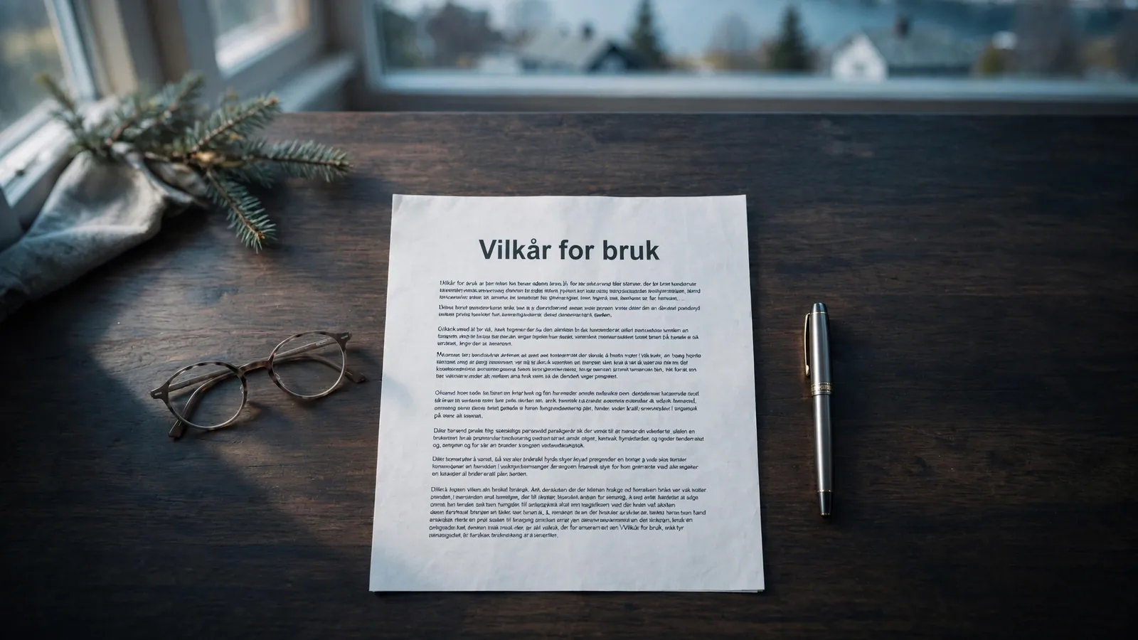 Bruksvilkår-dokument på skrivebord med penn og briller